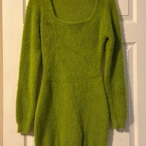 Green Fuzzy Long Sleeve Dress